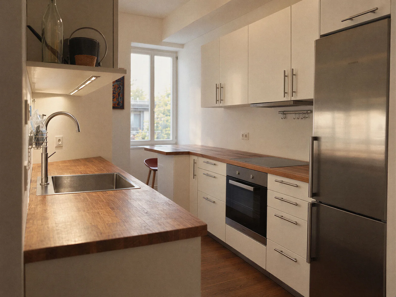 LEICHT fitted kitchen with white cabinets and wooden worktops